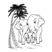 Cute animals elephant family drawing doodle style. Ecology animal protection logo. vector
