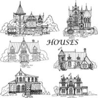 Sketch of a house old archetype.Landscape of the village and town in ink. vector