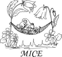 A mouse with roughs and flowers. Doodle style .Children's illustration coloring book. vector