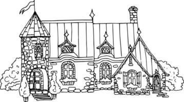 Sketch of a house old archetype.Landscape of the village and town in ink. vector