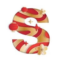 Letter S Alphabet Font Chinese New Year Concept Character Font Letter Abstract Paper Flower Lantern Lunar Festival Element Sparkle Gradient Red Gold 3D Paper Layer Cutout Card Vector Illustration