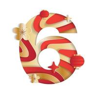 6 Numeric Number Chinese New Year Concept Character Font Letter Abstract Paper Flower Lantern Lunar Festival Element Sparkle Shine Gradient Gold Red 3D Paper Layer Cutout Card Vector Illustration