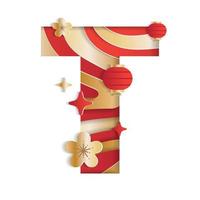 Letter T Alphabet Font Chinese New Year Concept Character Font Letter Abstract Paper Flower Lantern Lunar Festival Element Sparkle Gradient Red Gold 3D Paper Layer Cutout Card Vector Illustration