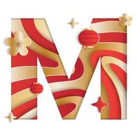 Letter M Alphabet Font Chinese New Year Concept Character Font Letter Abstract Paper Flower Lantern Lunar Festival Element Sparkle Gradient Red Gold 3D Paper Layer Cutout Card Vector Illustration