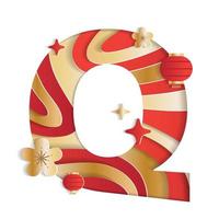 Letter Q Alphabet Font Chinese New Year Concept Character Font Letter Abstract Paper Flower Lantern Lunar Festival Element Sparkle Gradient Red Gold 3D Paper Layer Cutout Card Vector Illustration