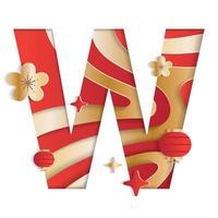 Letter W Alphabet Font Chinese New Year Concept Character Font Letter Abstract Paper Flower Lantern Lunar Festival Element Sparkle Gradient Red Gold 3D Paper Layer Cutout Card Vector Illustration