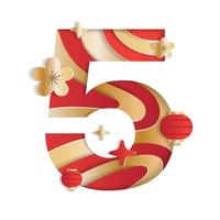 5 Numeric Number Chinese New Year Concept Character Font Letter Abstract Paper Flower Lantern Lunar Festival Element Sparkle Shine Gradient Gold Red 3D Paper Layer Cutout Card Vector Illustration