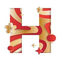 Letter H Alphabet Font Chinese New Year Concept Character Font Letter Abstract Paper Flower Lantern Lunar Festival Element Sparkle Gradient Red Gold 3D Paper Layer Cutout Card Vector Illustration