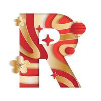 Letter R Alphabet Font Chinese New Year Concept Character Font Letter Abstract Paper Flower Lantern Lunar Festival Element Sparkle Gradient Red Gold 3D Paper Layer Cutout Card Vector Illustration