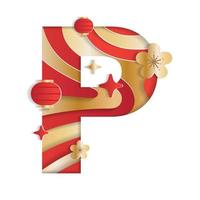 Letter P Alphabet Font Chinese New Year Concept Character Font Letter Abstract Paper Flower Lantern Lunar Festival Element Sparkle Gradient Red Gold 3D Paper Layer Cutout Card Vector Illustration