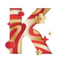 Letter K Alphabet Font Chinese New Year Concept Character Font Letter Abstract Paper Flower Lantern Lunar Festival Element Sparkle Gradient Red Gold 3D Paper Layer Cutout Card Vector Illustration
