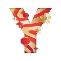 Letter Y Alphabet Font Chinese New Year Concept Character Font Letter Abstract Paper Flower Lantern Lunar Festival Element Sparkle Gradient Red Gold 3D Paper Layer Cutout Card Vector Illustration