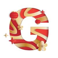 Letter G Alphabet Font Chinese New Year Concept Character Font Letter Abstract Paper Flower Lantern Lunar Festival Element Sparkle Gradient Red Gold 3D Paper Layer Cutout Card Vector Illustration