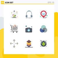 Mobile Interface Flat Color Set of 9 Pictograms of gift cart studio buy message Editable Vector Design Elements