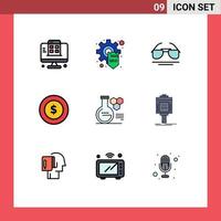 Pack of 9 Modern Filledline Flat Colors Signs and Symbols for Web Print Media such as chemistry lab chemistry galsses global dollar coin Editable Vector Design Elements