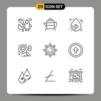 Group of 9 Outlines Signs and Symbols for sun beach blood business location Editable Vector Design Elements