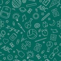 School doodle pattern. Outline icons on a green background. vector