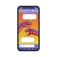 Smartphone screen with drawn dinosaurs in dialogue. Pop art style. Vector illustration.