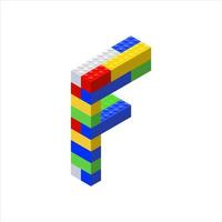 Isometric font made from color plastic blocks. The childrens designer. Letter F. Vector illustration