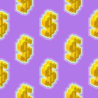 Gold dollar sign in isometric, seamless pattern on a purple background. Vector illustration for print or web. Zine pop art style