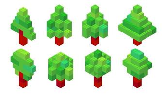 Set of trees in isometric view collected from plastic bricks. Coniferous and deciduous. Christmas tree. Vector illustration