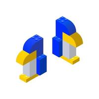 Two penguins collected from colorful blocks in an isometric style. For assembly instructions. Vector illustration.