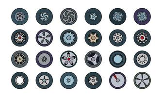 Set of colored icons of tires and wheels. Flat flat style. Vector illustration.