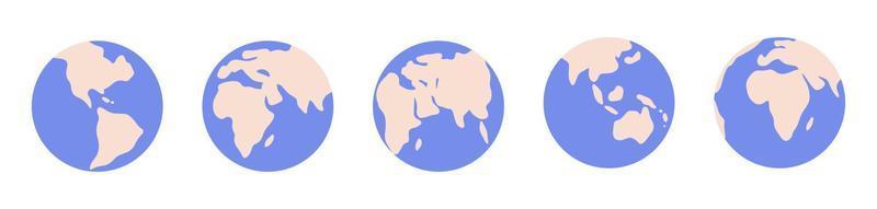 Set of globe icons from different sides in flat style for print and design. Vector illustration.