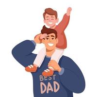 Drawing of happy dad with son sitting on his shoulders in cartoon style for print and design. Vector illustration.