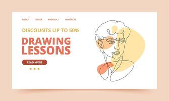 Drawing lesson website template with continuous line style portrait of David for print and design. Vector illustration.
