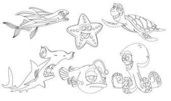 A set of underwater inhabitants in a linear style for printing and coloring. Vector illustration.