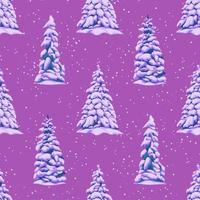 Pattern of snow-covered Christmas trees on a purple background in cartoon style for printing and decoration.Vector illustration. vector