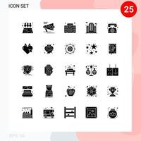 Group of 25 Solid Glyphs Signs and Symbols for communication work music place building Editable Vector Design Elements