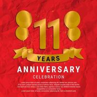 Celebración de aniversario de 11 años. fondo de tarjeta de feliz cumpleaños de lujo con elementos globos y cinta con efectos de brillo. rojo abstracto con confeti y cinta dorada. ilustración vectorial eps10 vector