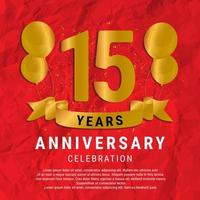 15 Years Anniversary celebration. Luxury happy birthday card background with elements balloons and ribbon with glitter effects. Abstract Red with Confetti and Golden Ribbon. Vector Illustration EPS10