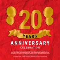 20 Years Anniversary celebration. Luxury happy birthday card background with elements balloons and ribbon with glitter effects. Abstract Red with Confetti and Golden Ribbon. Vector Illustration EPS10