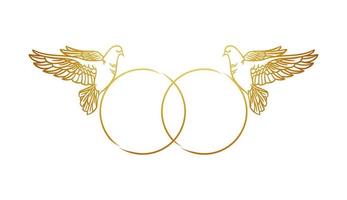 Template with wedding rings and doves for printing on cards, invitations, and wedding decoration. Vector illustration