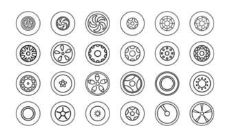 Set of outline icons of car wheels. Isolated over white background. Vector illustration