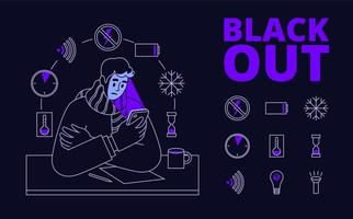 blackout concept and icons set in linear style on dark background. Vector illustration