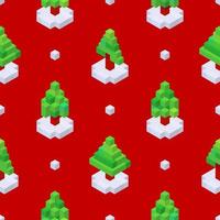 Pattern of Christmas trees collected from cubes on a red background in isometric style. Vector illustration.