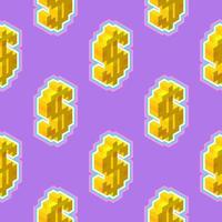 Gold dollar sign in isometric, seamless pattern on a purple background. Vector illustration for print or web. Zine pop art style