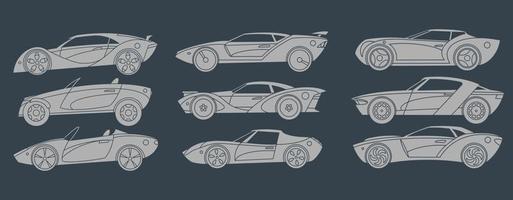 A set of super cars. Light silhouettes. Side view Vector illustration
