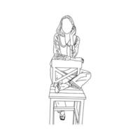 A romantic girl leaning on a chair drawn in a linear style. Vector illustration.