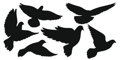 Set of black silhouettes of doves in flight. Vector illustration