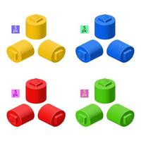 3d set of colored constructor kit in isometry. Small tall cylindrical elements. Vector illustration.