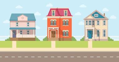 Street with two-storey private houses, prestigious suburban area. Vector clipart