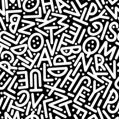 Seamless pattern from the alphabet. White letters on a black background.