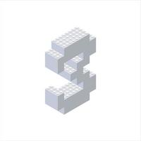 Isometric letter 3 in gray on a white background collected from plastic blocks. Vector illustration.