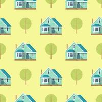 Pattern of trees and houses on a yellow background in cartoon style for print and design. Vector illustration.