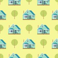 Pattern of trees and houses on a yellow background in cartoon style for print and design. Vector illustration.